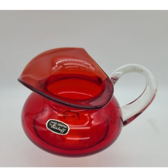 Vintage MCM Bischoff Poinsettia Red Pitcher Blown Glass 1950-60s 3.5" T Sticker - Picture 1 of 9
